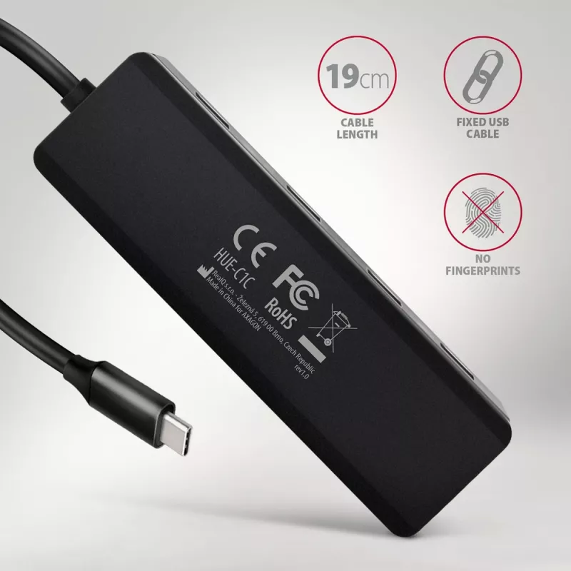 Axagon HUE-C1C 4x USB 5Gbps TRAVEL-hub, USB-C power IN, 19 cm USB-C-kabel