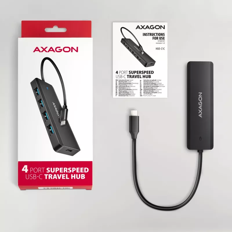 Axagon HUE-C1C 4x USB 5Gbps TRAVEL-hub, USB-C power IN, 19 cm USB-C-kabel