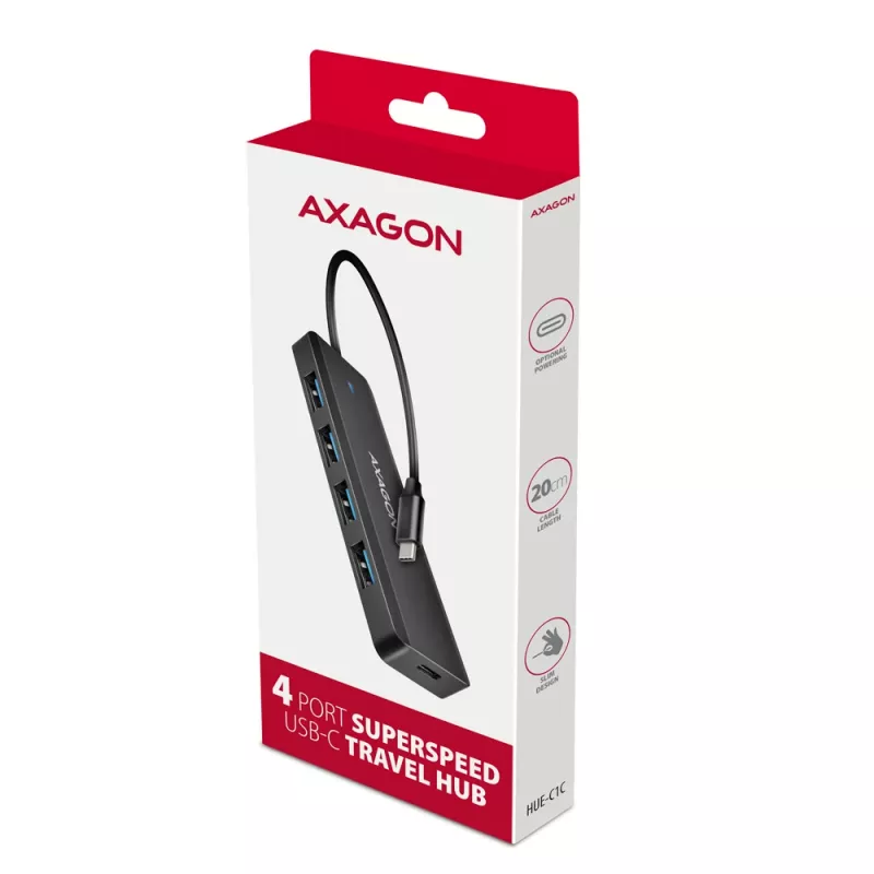 Axagon HUE-C1C 4x USB 5Gbps TRAVEL-hub, USB-C power IN, 19 cm USB-C-kabel