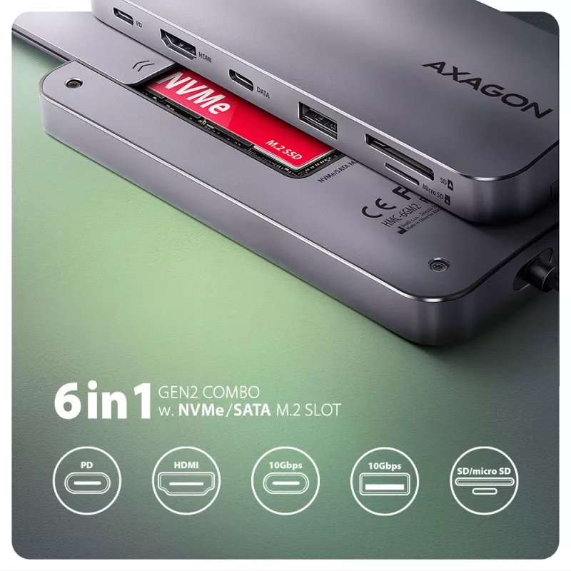 Axagon HMC-6GM2 USB 10Gbps hub USB-A USB-C HDMI M.2 SD/mSD PD 100W USB-C bekabeld USB 3.2 Gen 2 (3.1 Gen 2) Type-C Grijs