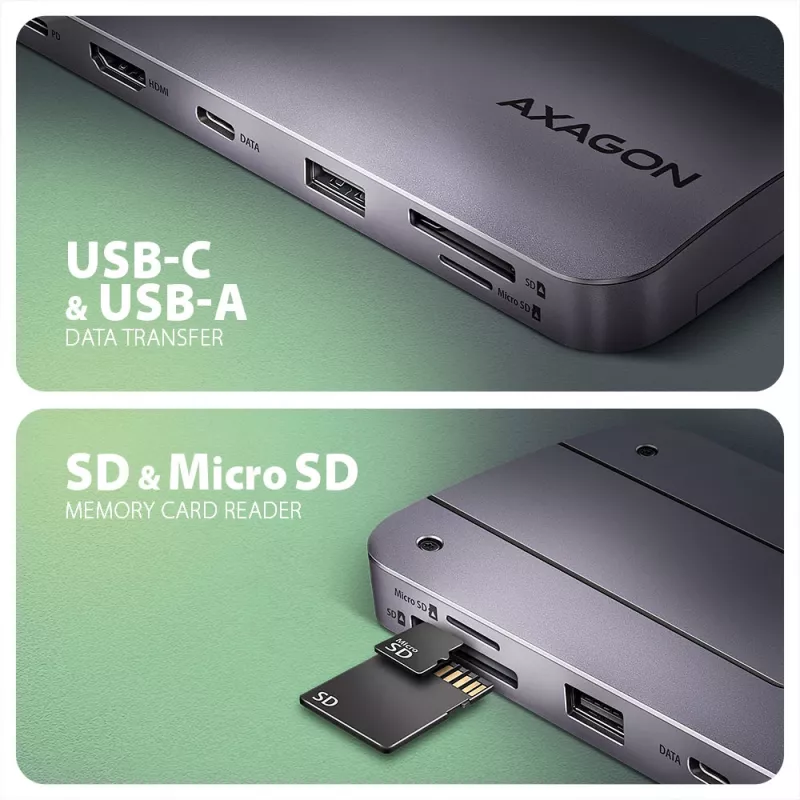 Axagon HMC-6GM2 USB 10Gbps hub USB-A USB-C HDMI M.2 SD/mSD PD 100W USB-C bekabeld USB 3.2 Gen 2 (3.1 Gen 2) Type-C Grijs