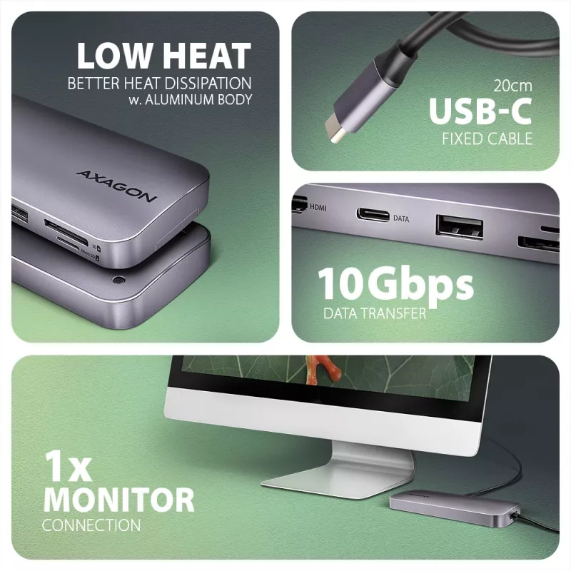 Axagon HMC-6GM2 USB 10Gbps hub USB-A USB-C HDMI M.2 SD/mSD PD 100W USB-C bekabeld USB 3.2 Gen 2 (3.1 Gen 2) Type-C Grijs