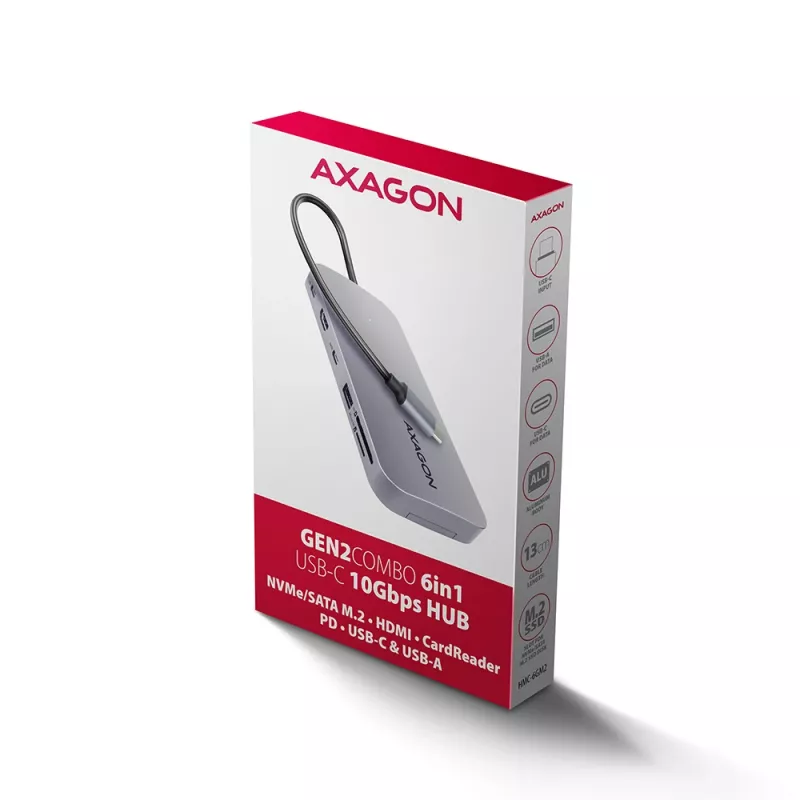 Axagon HMC-6GM2 USB 10Gbps hub USB-A USB-C HDMI M.2 SD/mSD PD 100W USB-C bekabeld USB 3.2 Gen 2 (3.1 Gen 2) Type-C Grijs