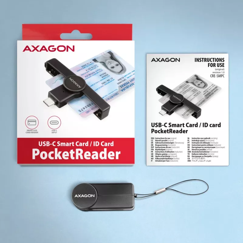 Axagon CRE-SMPC USB-C smartcard-/identiteitskaartlezer PocketReader smartcardlezer binnen USB Type-C zwart