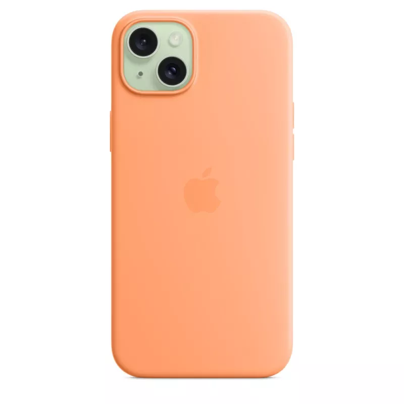 Apple siliconen case met MagSafe voor iPhone 15 Plus sorbet oranje