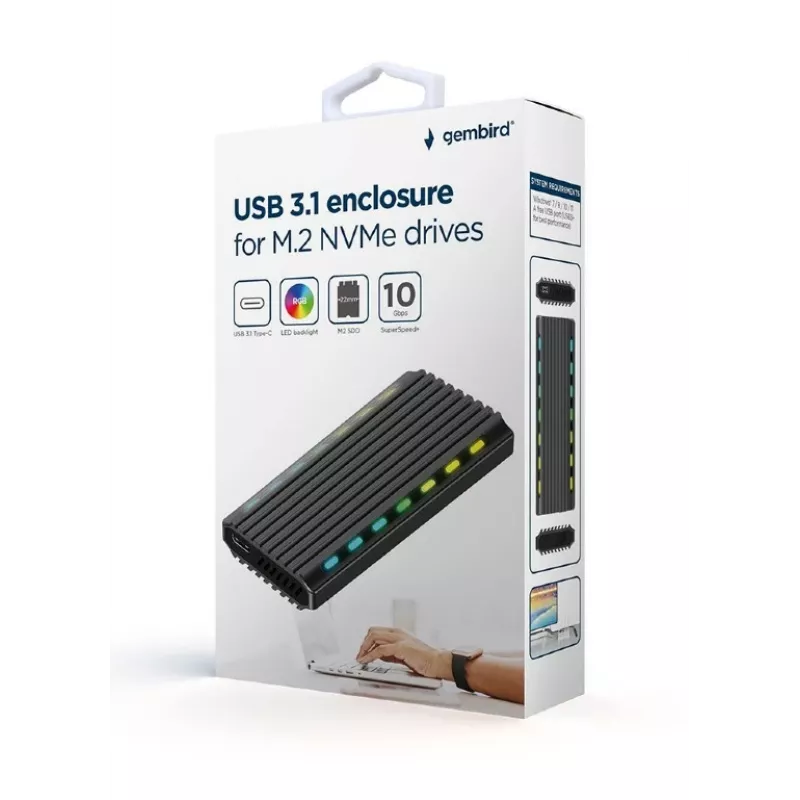 GEMBIRD EE2280-U3C-03 externe behuizing voor M.2 NVMe/SATA-SSD, USB 3.1 Gen 2 (10 Gbit/s), USB Type-C, RGB, aluminium