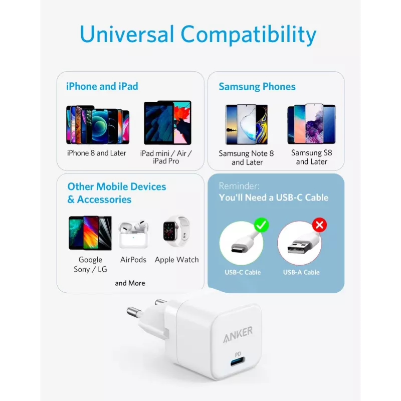 Oplader Anker PowerPort III universeel wit AC snelladen binnen