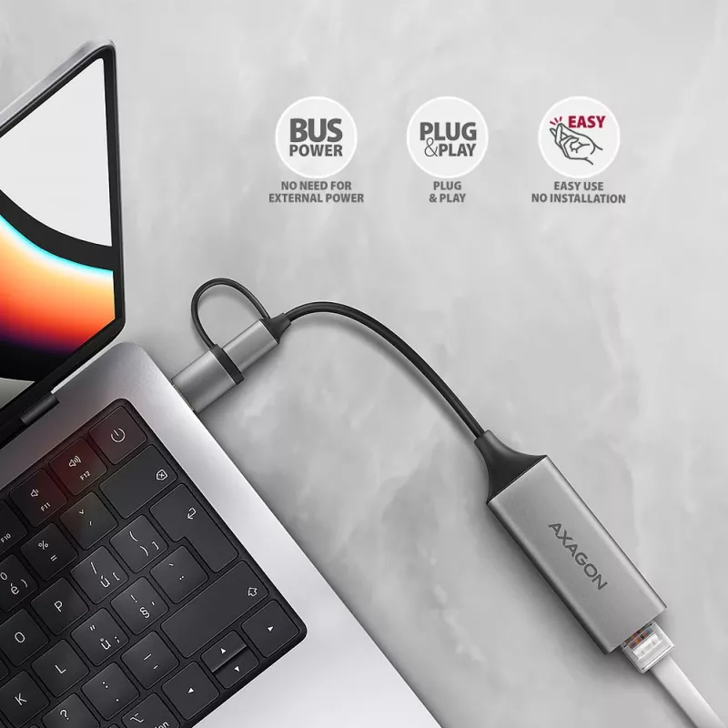 Axagon ADE-TXCA USB-C + USB-A 3.2 Gen 1 - Gigabit Ethernet-adapter, Asix AX88179