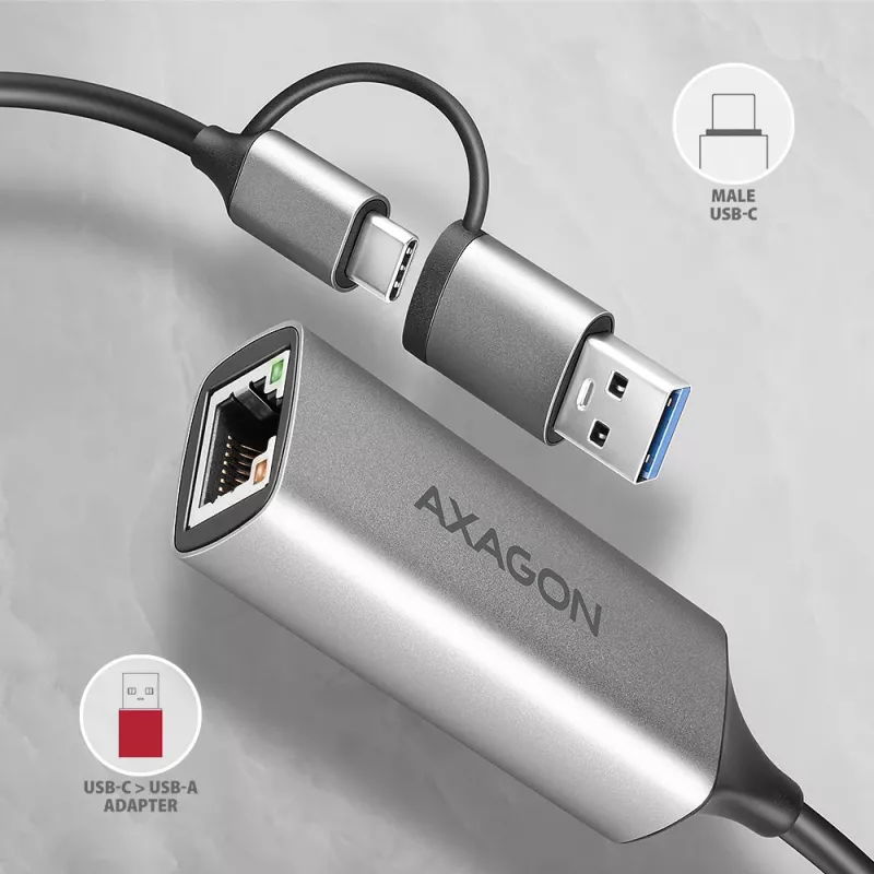 Axagon ADE-TXCA USB-C + USB-A 3.2 Gen 1 - Gigabit Ethernet-adapter, Asix AX88179