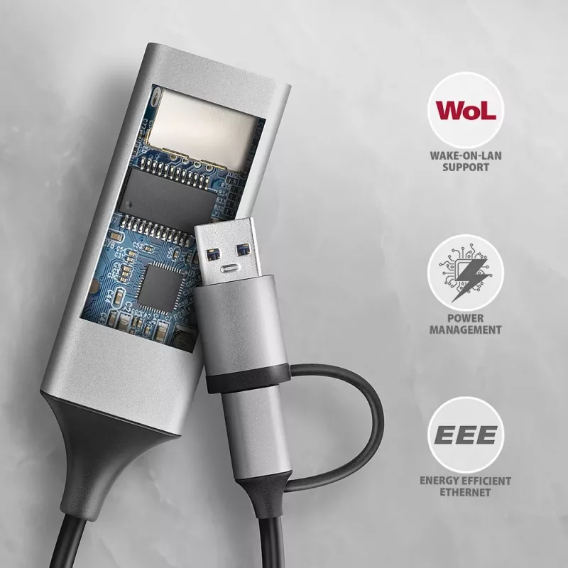 Axagon ADE-TXCA USB-C + USB-A 3.2 Gen 1 - Gigabit Ethernet-adapter, Asix AX88179