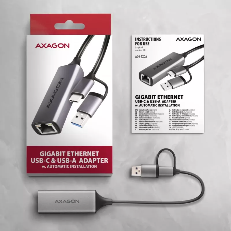Axagon ADE-TXCA USB-C + USB-A 3.2 Gen 1 - Gigabit Ethernet-adapter, Asix AX88179