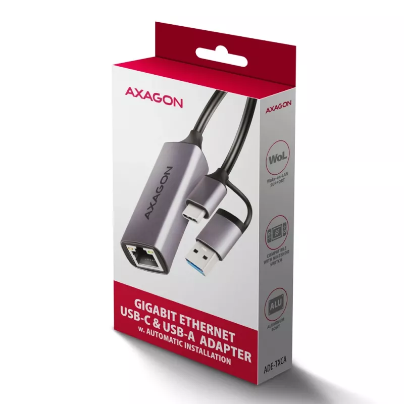 Axagon ADE-TXCA USB-C + USB-A 3.2 Gen 1 - Gigabit Ethernet-adapter, Asix AX88179