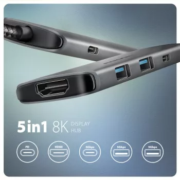 Axagon HMC-5H8K USB 5Gbps hub 2x USB-A USB-C HDMI 8k/30Hz PD 100W kabel USB-C bekabeld USB 3.2 Gen 1 (3.1 Gen 1) Type-C grijs