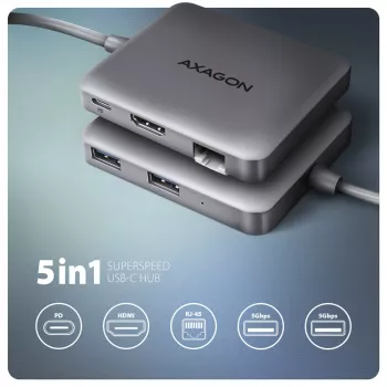 Axagon HMC-5HL USB 5Gbps hub, 2x USB-A, HDMI 4K/60Hz, RJ-45, PD 100W, 20cm USB-C-kabel