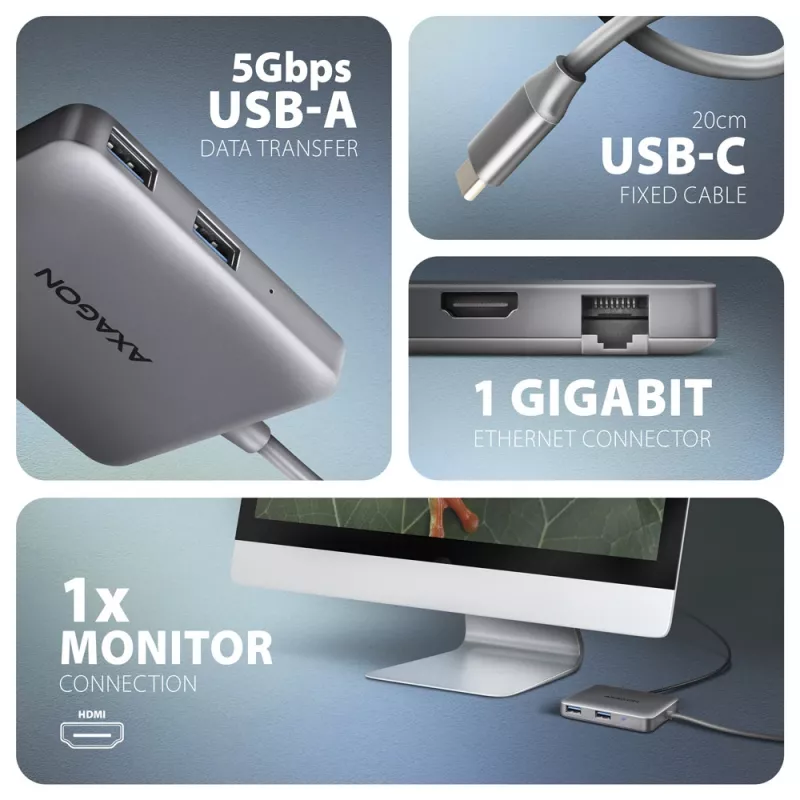 Axagon HMC-5HL USB 5Gbps hub, 2x USB-A, HDMI 4K/60Hz, RJ-45, PD 100W, 20cm USB-C-kabel