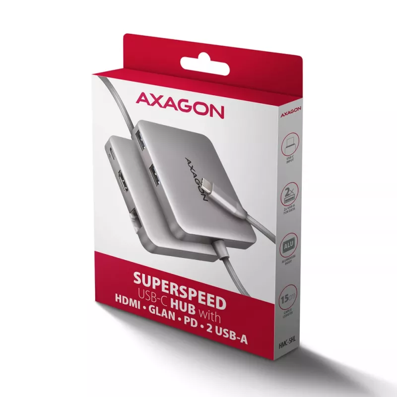 Axagon HMC-5HL USB 5Gbps hub, 2x USB-A, HDMI 4K/60Hz, RJ-45, PD 100W, 20cm USB-C-kabel