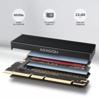 Axagon PCEM2-XS PCIe x16 - M.2 NVMe M-Key-adapter, met passieve aluminium koelbody