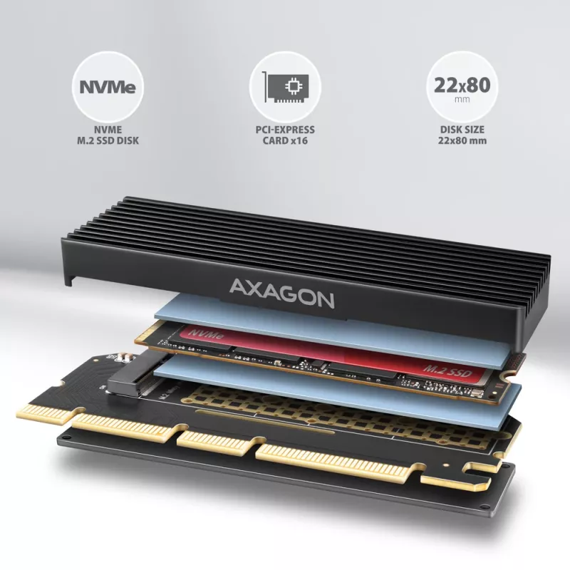 Axagon PCEM2-XS PCIe x16 - M.2 NVMe M-Key-adapter, met passieve aluminium koelbody
