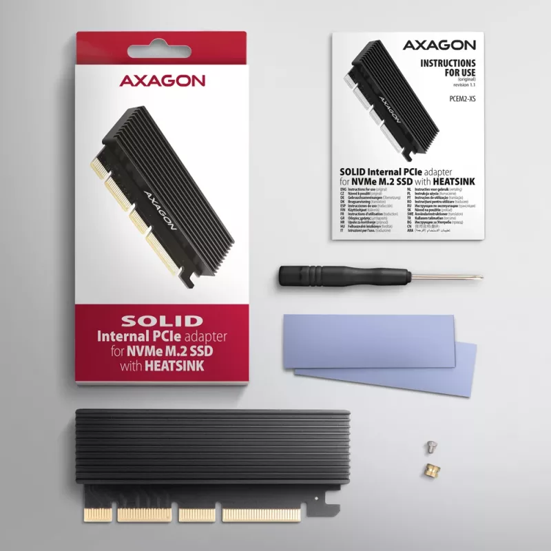 Axagon PCEM2-XS PCIe x16 - M.2 NVMe M-Key-adapter, met passieve aluminium koelbody
