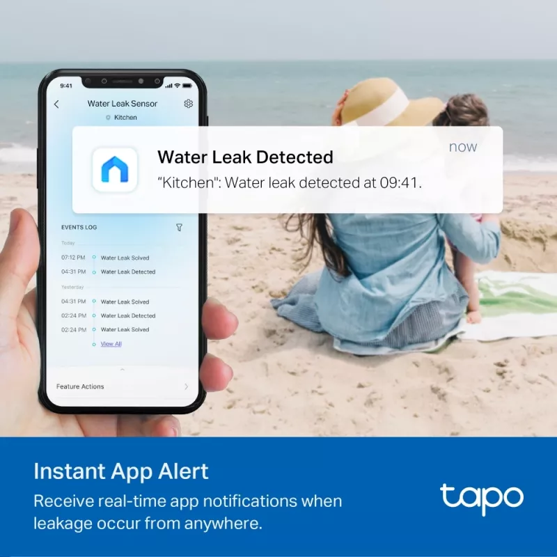 Waterleksensor TP-Link Tapo T300 Wi‑Fi, verstelbaar alarm 90 dB, IP67, batterij (2×AAA), hub vereist