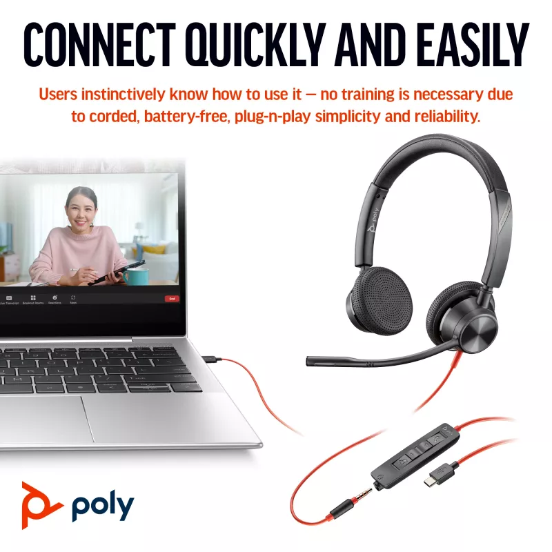 HP Poly Blackwire 3325 stereo Microsoft Teams gecertificeerd USB-C headset +3.5mm plug +USB-C/A adapter
