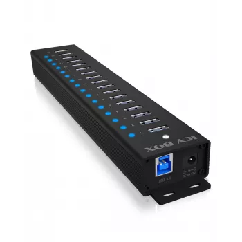 ICY BOX 17-poorts hub met USB 3.2 Gen 1 Type-A interface, USB 3.2 Gen 1 (3.1 Gen 1) Type-A, USB 3.2 Gen 1 (3.1 Gen 1) Type-A, USB Type-B, 5000 Mbit/s, zwart, China, DC