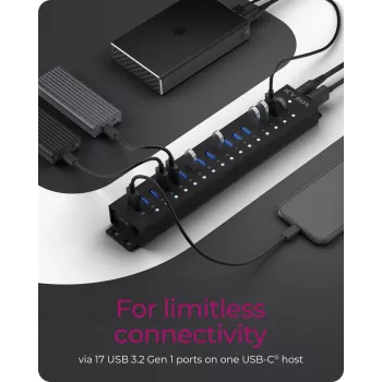 ICY BOX 17-poorts hub met USB 3.2 Gen 1 Type-A interface, USB 3.2 Gen 1 (3.1 Gen 1) Type-A, USB 3.2 Gen 1 (3.1 Gen 1) Type-A, USB Type-B, 5000 Mbit/s, zwart, China, DC