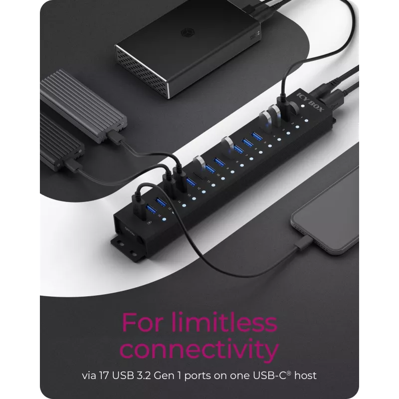 ICY BOX 17-poorts hub met USB 3.2 Gen 1 Type-A interface, USB 3.2 Gen 1 (3.1 Gen 1) Type-A, USB 3.2 Gen 1 (3.1 Gen 1) Type-A, USB Type-B, 5000 Mbit/s, zwart, China, DC
