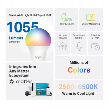 TP-Link Tapo slimme lamp, multicolor, Matter, slimme lamp, Wi-Fi/Bluetooth, wit, 802.11b, 802.11g, Wi-Fi 4 (802.11n), WPA-PSK, WPA2-PSK, WPA3-SAE, LED