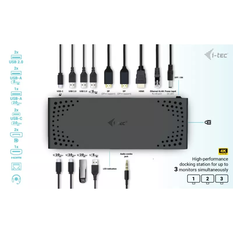 i-tec USB-C Triple Display Docking Station Gen 2 Power Delivery 100W bedraad 3.2