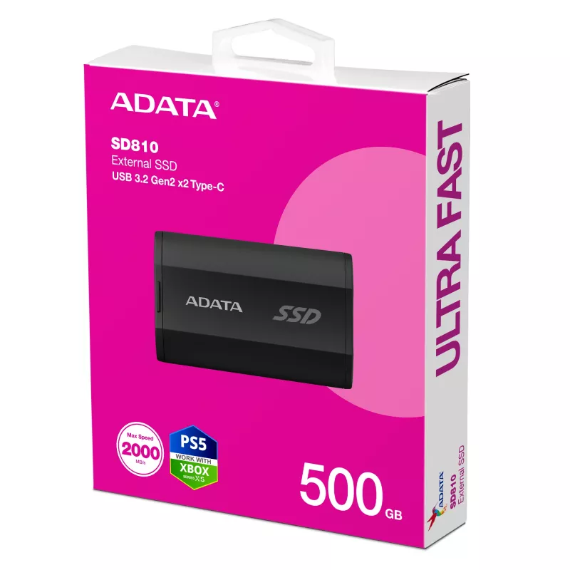 Draagbare SSD ADATA SD810 500 GB — USB Type-C, USB 3.2 Gen 2x2, 2000 MB/s, IP68, aluminium, zwart