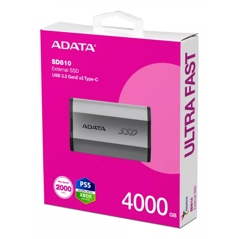 Draagbare SSD ADATA SD810 4 TB, USB Type-C, USB 3.2 Gen 2x2, 2000 MB/s lezen/schrijven, IP68 aluminium behuizing