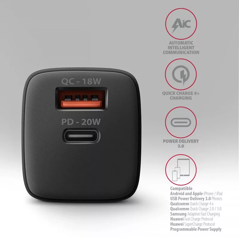Wandlader Axagon ACU-PQ20 QC3.0 PD Type-C 20W zwart