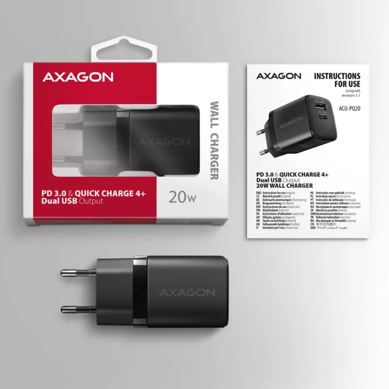 Wandlader Axagon ACU-PQ20 QC3.0 PD Type-C 20W zwart