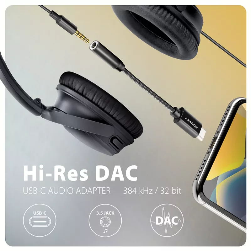 Axagon ADA-HC USB-C naar 3,5 mm jack – Hi-Res DAC audio-adapter, 384 kHz/32 Bit, stereo
