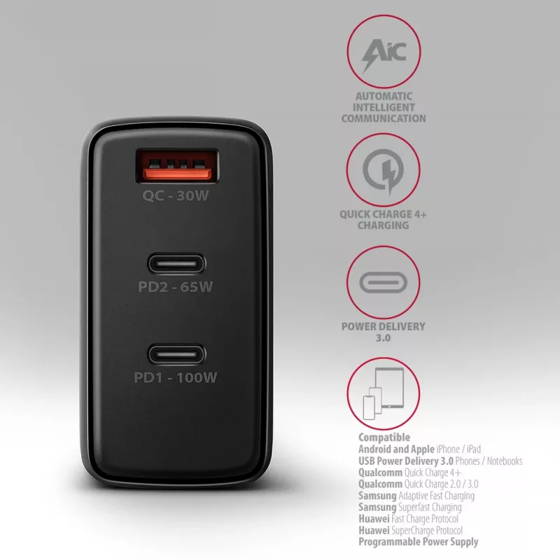 Axagon ACU-DPQ100 PD3.0 & QC 4+ THREE OUTPUTS wandlader 100W