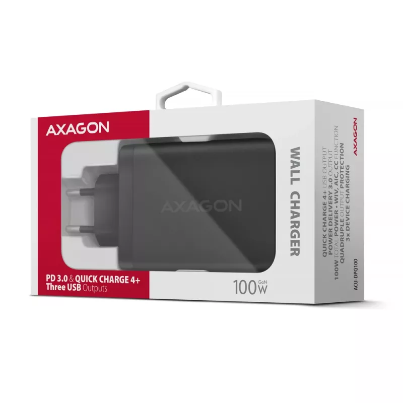 Axagon ACU-DPQ100 PD3.0 & QC 4+ THREE OUTPUTS wandlader 100W