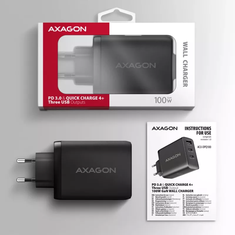 Axagon ACU-DPQ100 PD3.0 & QC 4+ THREE OUTPUTS wandlader 100W
