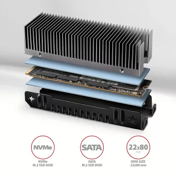 Axagon CLR-M2XT passieve aluminium koeler voor enkel- en dubbelzijdige M.2 SSD's formaat 2280, hoogte 24 mm