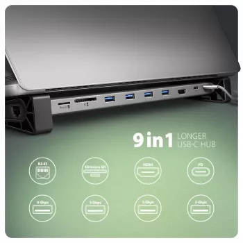 Axagon HMC-10HLS, USB 5Gbps-hub, 4x USB-A, HDMI 4k/60Hz, RJ-45, SD/microSD, PD 100W