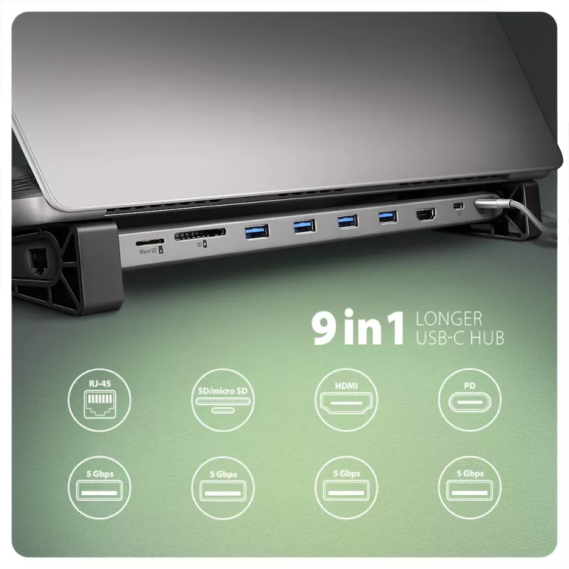 Axagon HMC-10HLS, USB 5Gbps-hub, 4x USB-A, HDMI 4k/60Hz, RJ-45, SD/microSD, PD 100W