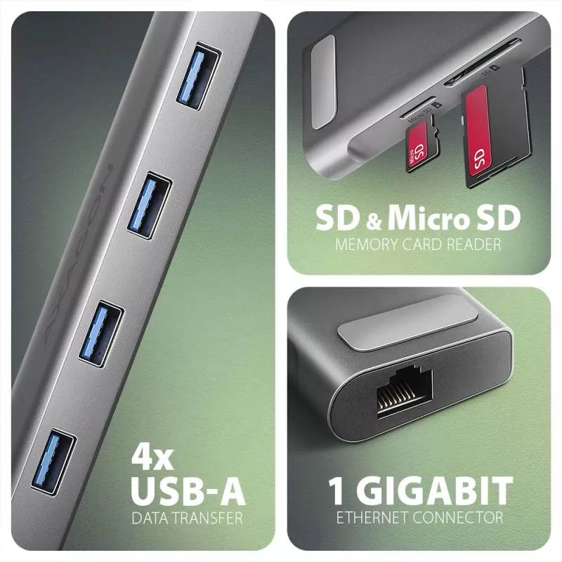 Axagon HMC-10HLS, USB 5Gbps-hub, 4x USB-A, HDMI 4k/60Hz, RJ-45, SD/microSD, PD 100W