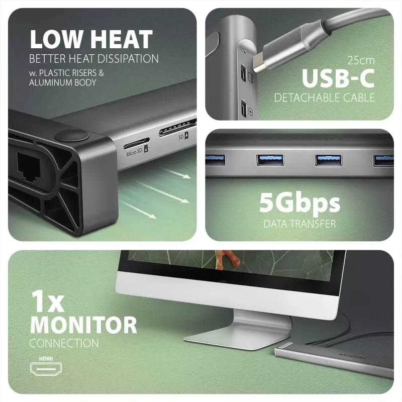 Axagon HMC-10HLS, USB 5Gbps-hub, 4x USB-A, HDMI 4k/60Hz, RJ-45, SD/microSD, PD 100W
