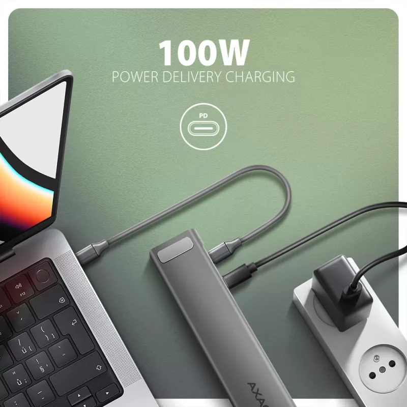 Axagon HMC-10HLS, USB 5Gbps-hub, 4x USB-A, HDMI 4k/60Hz, RJ-45, SD/microSD, PD 100W