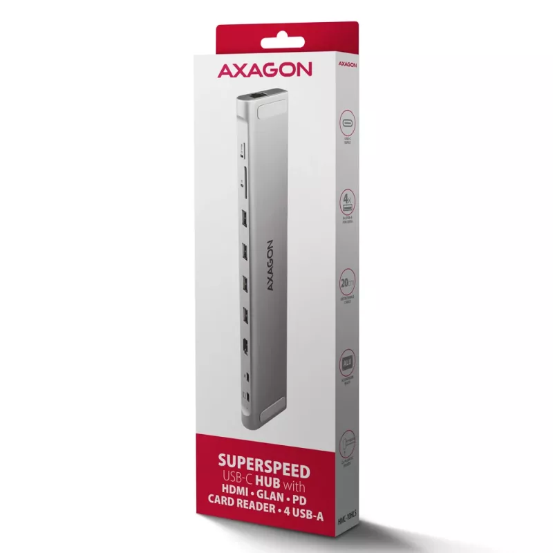 Axagon HMC-10HLS, USB 5Gbps-hub, 4x USB-A, HDMI 4k/60Hz, RJ-45, SD/microSD, PD 100W