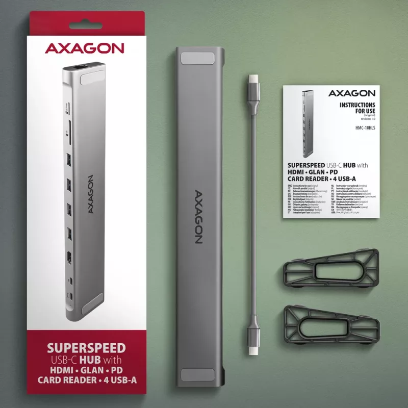 Axagon HMC-10HLS, USB 5Gbps-hub, 4x USB-A, HDMI 4k/60Hz, RJ-45, SD/microSD, PD 100W