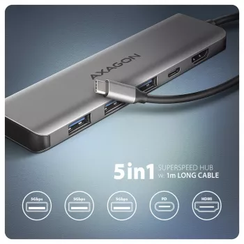 Axagon HMC-5H USB 5Gbps-hub, 3x USB-A, HDMI 4K/30Hz, PD 100W, 100cm USB-C-kabel