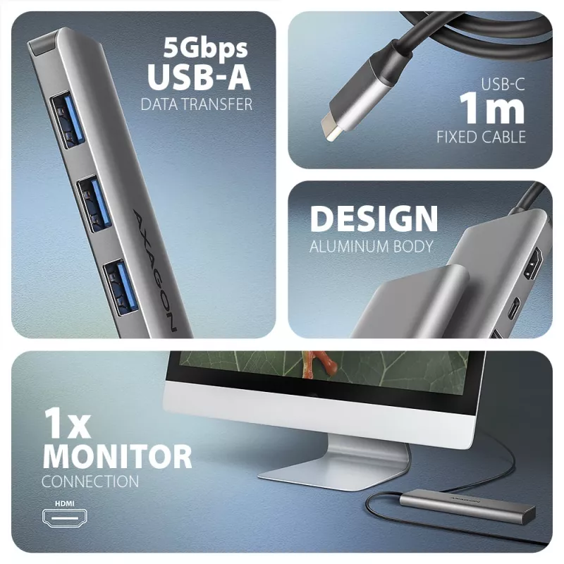 Axagon HMC-5H USB 5Gbps-hub, 3x USB-A, HDMI 4K/30Hz, PD 100W, 100cm USB-C-kabel