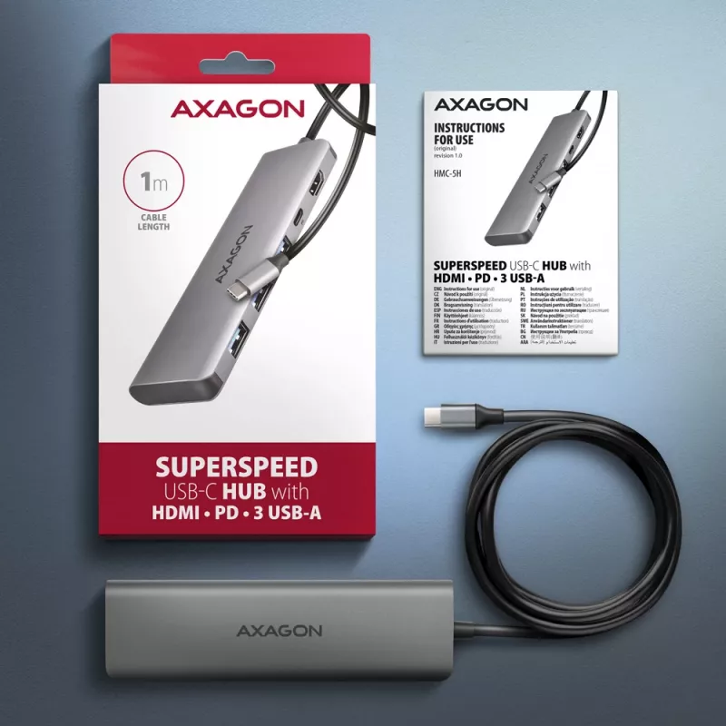 Axagon HMC-5H USB 5Gbps-hub, 3x USB-A, HDMI 4K/30Hz, PD 100W, 100cm USB-C-kabel