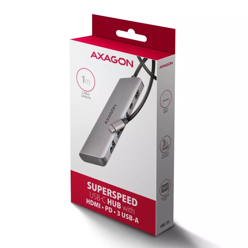 Axagon HMC-5H USB 5Gbps-hub, 3x USB-A, HDMI 4K/30Hz, PD 100W, 100cm USB-C-kabel
